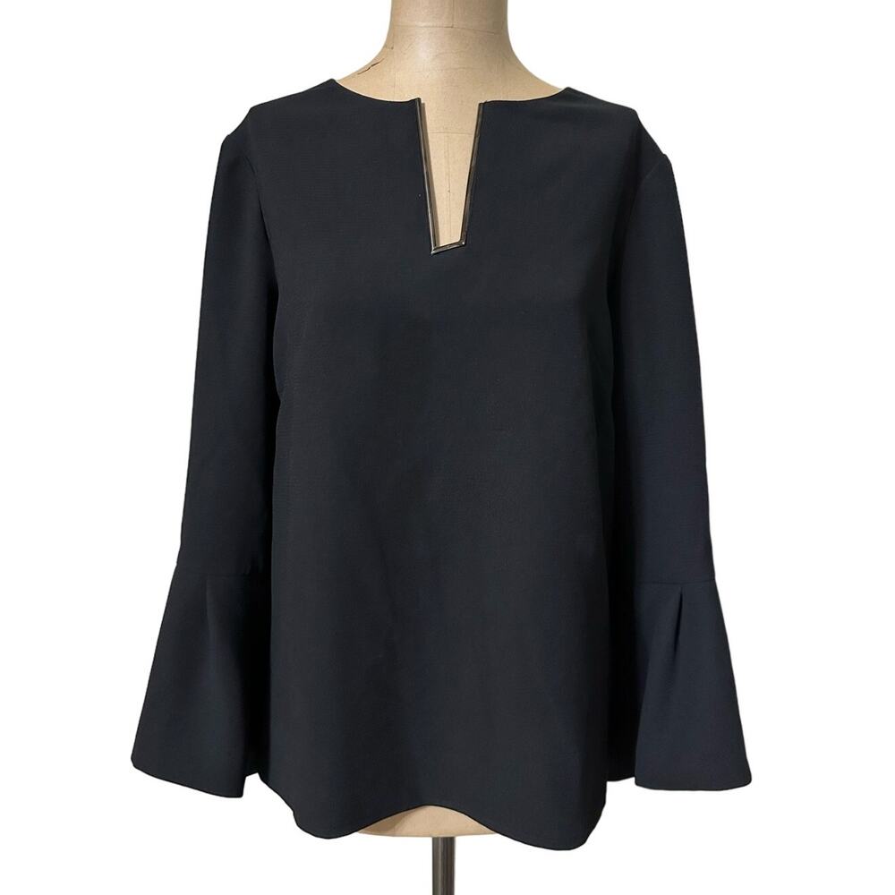 Lela Rose Blouse Black Long Bell Sleeve Structured V Neckline Top